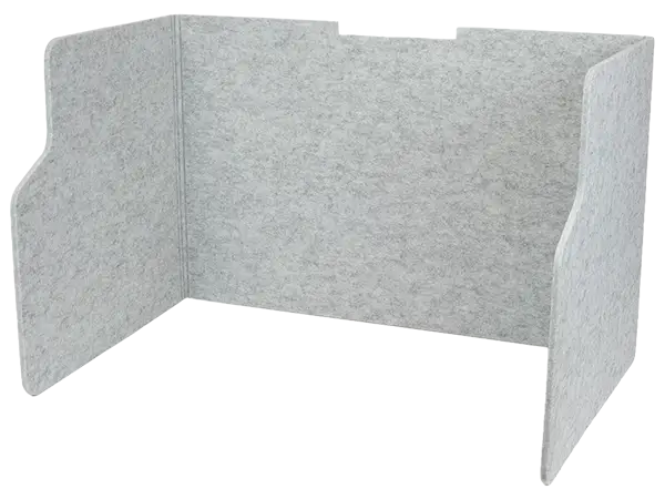 Acoustic desk shield angled view showing folding side panels