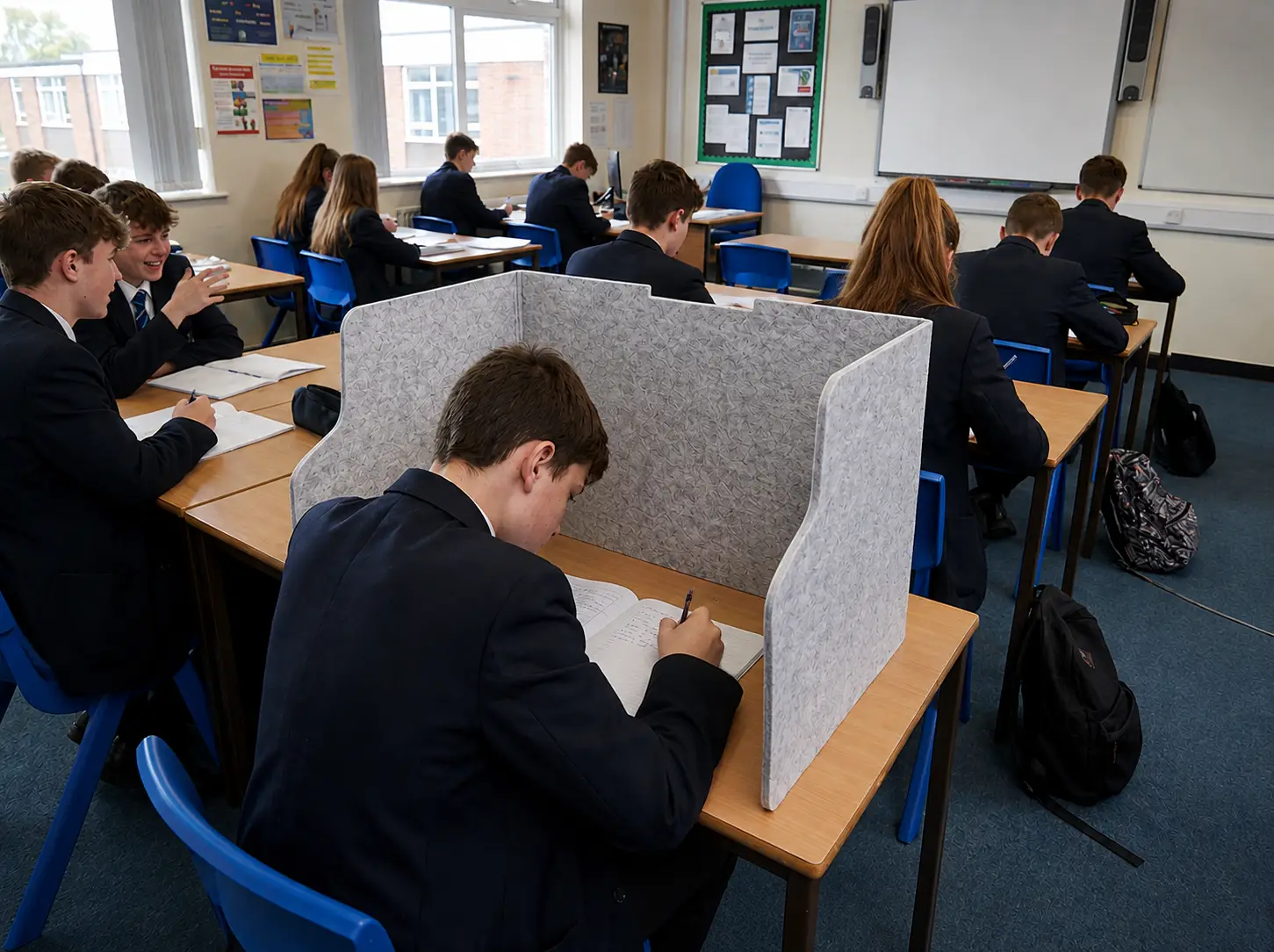 Acoustic desk shield being used by a pupil in a busy secondary school classroom